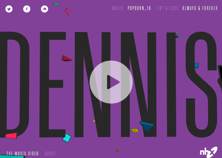 Large background of purpler with Dennis sprawled over and a play button for a music video.