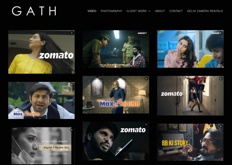 Gallery of the projects of Gath Productions on their site with a dark, large background..