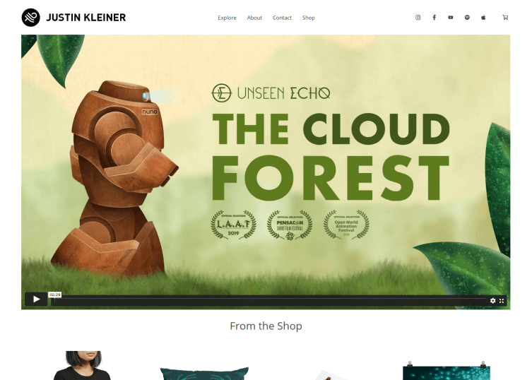 Homepage of Justin Kleiner which shows a large background video.