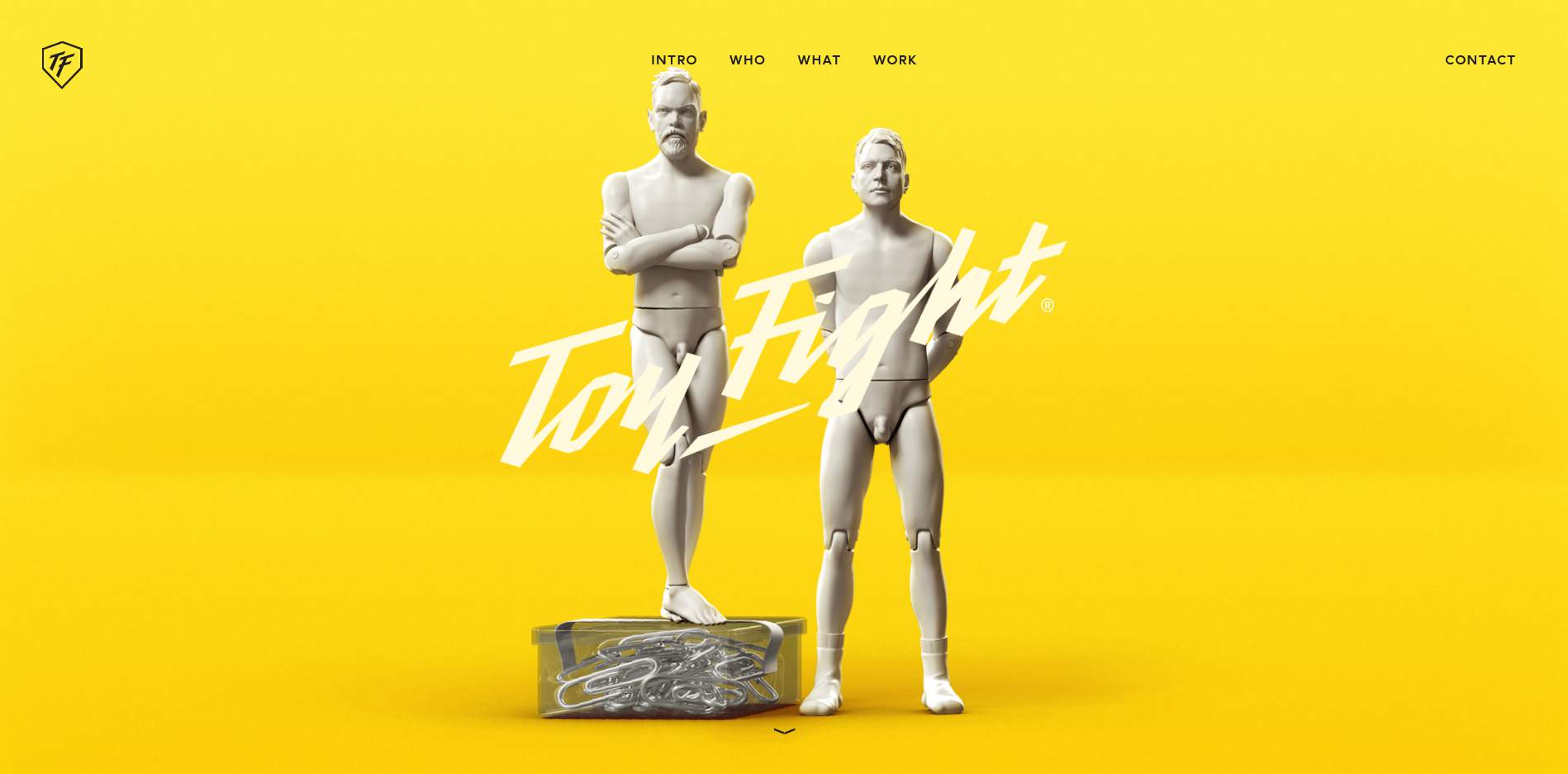 ToyFight homepage, showing off 3D-rendered sculptures of the duo behind the web design company. ToyFight homepage, showing off 3D-rendered sculptures of the duo behind the web design company.